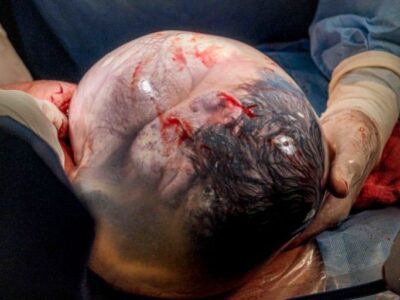 Instante raro: mulher dá à luz gêmeos e um dos bebês nasce empelicado